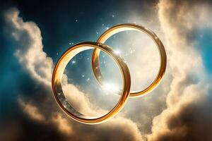 A pair of gold wedding rings floating in the sky. two wedding rings floating in the clouds with a sun in the background and a blue sky with clouds below them. . Wedding concept. photo