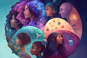 a multiverse of speech, a fantasy world where everyone can talk, with a lot of poetry, colorful, diverse avatars interacting with each other. photo