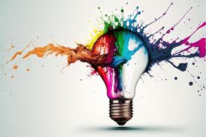 illustration of colorful bulb with splash of colors on white background. Creativity, eureka, imagination, inspiration. . Idea and solution concept photo