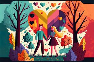 contento joven Adolescente Pareja en el parque con flores y arboles en fondo, híbrido san valentin día corazón, participación corazón naturaleza jugar, bellotas, de colores bloques, calentar luz, arco iris tela, generativo ai foto