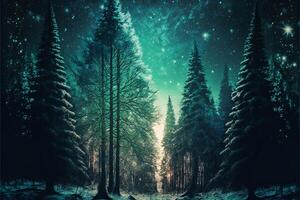 christmas decorated green spruce trees in winter forest, Abstract fantasy festive christmas tree background header wallpaper, winter abstract landscape. Sunlight in the winter forest. photo