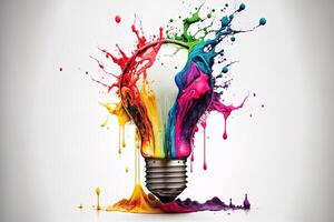 illustration of colorful bulb with splash of colors on white background. Creativity, eureka, imagination, inspiration. . Idea and solution concept photo