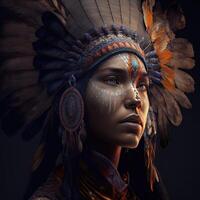 Generative AI native american woman in ceremonial head dress, reflection of the silhouette of tribal ancestors in her eyes. Close up of colorful dressed native woman isolated on black background. photo