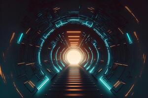 Sci-Fi Cyber Futuristic Empty generative ai tunnel Background exit or goal ahead. Abstract cyber or digital speedway concept Cyberpunk Cyber Synth Tunnel Corridor photo