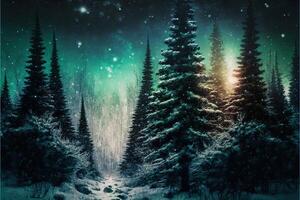 christmas decorated green spruce trees in winter forest, Abstract fantasy festive christmas tree background header wallpaper, winter abstract landscape. Sunlight in the winter forest. photo