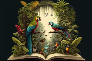 A tropical rainforest jungle with parrot, bird, monkey, wolf appearing opening a book. Jungle book for kid. fantastic jungle landscape. photo