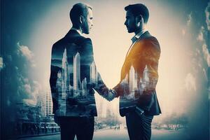 The double exposure image of two business man shaking hand with cityscape image. The concept of modern life, business, city life and internet of things. photo