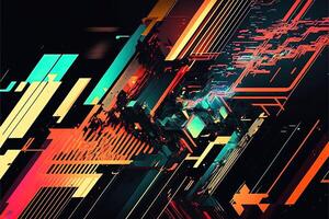 Abstract background with interlaced digital glitch and distortion effect. Futuristic cyberpunk design. Retro futurism, web punk, rave 80s 90s cyberpunk aesthetic techno neon colors. photo