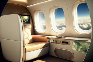 lujoso primero clase avión asiento con un montón de ventanas generativo ai visualización de el VIP cabina de un negocio clase aeronave. interior de un privado chorro foto