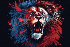 Poster of Lion roaring, Abstract poster of a dangerous and powerful roaring male lion. . Creative fire flames art paint coming from the mad king of the jungle. photo