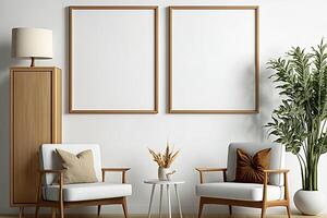 Two Vertical Blank Picture Frame Mockup on The Wall, Mid Century Living Room - . Blank picture frame mockup on wall in modern interior. Artwork template mock up in interior design. photo