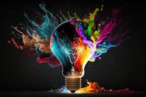 illustration of colorful bulb with splash of colors on black background. Creativity, eureka, imagination, inspiration. Generative AI. Idea and solution concept photo