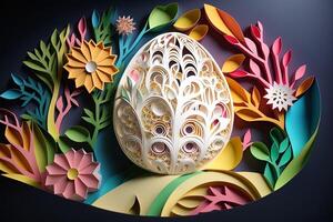 paper cut quilling multi dimensional easter egg in easter celebration, a lot of egg and small rabbit in background. Spring concept. photo