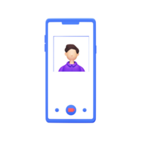 3d illustration av ung man video kallelse från smartphone blå element. png