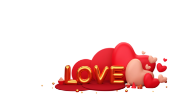 d'or l'amour Police de caractère dans déjouer ballon avec 3d cœurs, cônes, cadeau boîte et petits gâteaux sur blanc Contexte. png