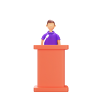 dibujos animados joven hombre en pie en mic podio 3d elemento en púrpura y naranja color. png