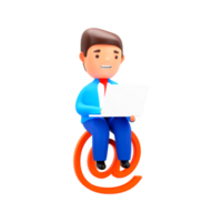 3D Render of Businessman Using Laptop On Arroba Or At Sign Against White Background. png