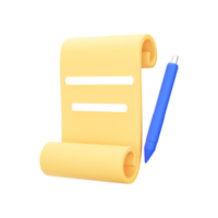 3D Render of Scroll Paper With Pen Yellow And Blue Element. png