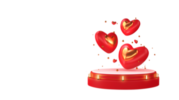 3D Red And Golden Hearts With Tiny Balls Over Podium Or Stage Decorated By Lighting Garland And Copy Space. png