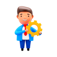 3D Render of Businessman Holding Yellow Cogwheel Against White Background. png