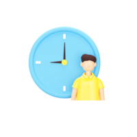 3d ilustración de joven hombre en pie en frente de pared reloj amarillo y azul elemento. png