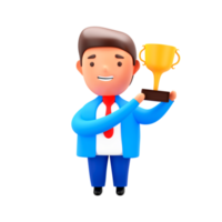 3D Render of Businessman Holding Trophy Cup In Standig Pose. png