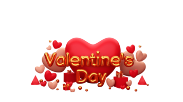 d'or la Saint-Valentin journée Police de caractère dans déjouer ballon avec 3d cœurs, cônes, cadeau des boites et des balles décoré sur blanc Contexte. png