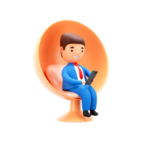 3D Render of Businessman Using Smartphone Or Tablet At Chair On White Background. png