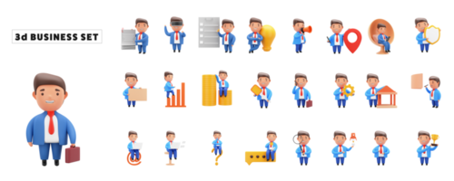 3D Rendering Businessman Character Set On White Background. png