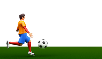 3D Render of Footballer Kicking The Ball On White And Green Background. png