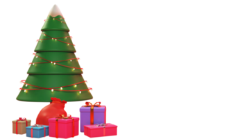 3D Rendering of Christmas Tree Decorated By Lighting Garland With Gift Boxes, Sack And Copy Space. Merry Christmas Concept. png