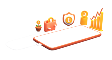 3D Render of Smartphone Charging From Crypto Wallet With Bitcoin Stack, Security Shield, Plant Pot, Bar Graph And Copy Space. png