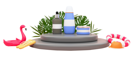 3D Render of Product Mockup With Slipper, Fedora Hat, Lifebuoy, Inflatable Duck And Tropical Leaves On White Background. png