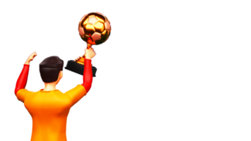 3d geven terug visie van voetballer speler Holding gouden winnaar trofee en kopiëren ruimte. png
