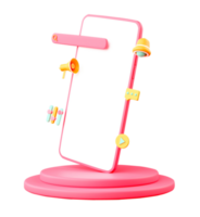 3D Render of Smartphone Screen With Search Engine Or URL, Megaphone, Notification Bell, Chat, Slide Bar, Video App Over Stage Or Podium And Copy Space. png