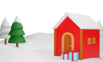 3d framställa av röd båge hus, gåva lådor, xmas träd, och snö för vinter- högtider och glad jul firande. png