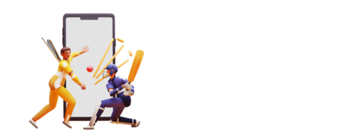 3d Illustration von Kricket Spieler mit Turnier Ausrüstung, Smartphone und Kopieren Raum. png