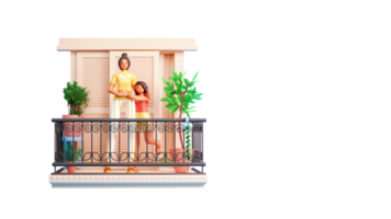 3D Young Woman Hugging Her Daughter At Balcony Illustration. Happy Mother's Day Concept. png