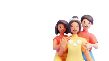 3D Cheerful Woman And Her Children On White Background And Copy Space. png