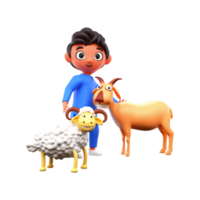 3d islámico joven chico en pie con dibujos animados oveja y cabra ilustración. png