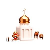 3d mezquita arco con bronce Arábica linterna, cabra, oveja animal y regalo cajas en blanco antecedentes. png