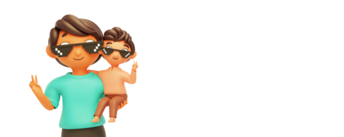 3d desenho animado homem com dele filho dando Paz gesto em branco fundo. png