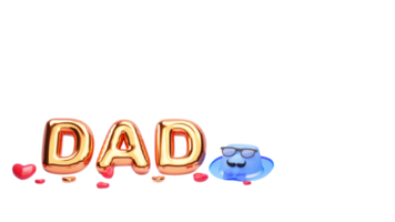 3D Golden Balloon Dad Font With Hearts, Fedora Hat, Mustache, Eyeglasses On White Background. png