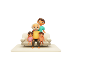 3D Grandfather, Grand Kids And Son Character Sitting At Sofa. png