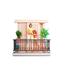 3D Young Woman Hugging Her Daughter And Plant Pots At Balcony On White Background. png