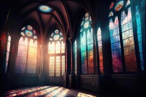 Palace interior with high stained-glass windows made of multicolored glass, an old majestic hall, sun rays through the windows. Dark fantasy interior. photo