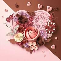 Paper cut quilling multidimensional valentine day with heart, flower and chocolate on pink background. Valentine day concept photo