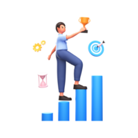 3D Render of Businessman Holding Trophy Cup At Bar Graph With Target Board, Cog Wheel, Hourglass On White Background. png