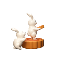 3D Render Cute Cartoon Bunnies With Mooncake Against White Background. png