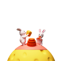 3D Rendering Cartoon of Cute Bunny Eating Cake On Yellow Full Moon Against White Background. png